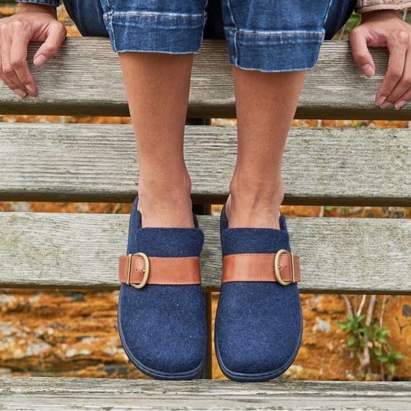 Born Lia - Brown Soft Wool Slippers with Tan Leather Strap - Picture 2 of 7